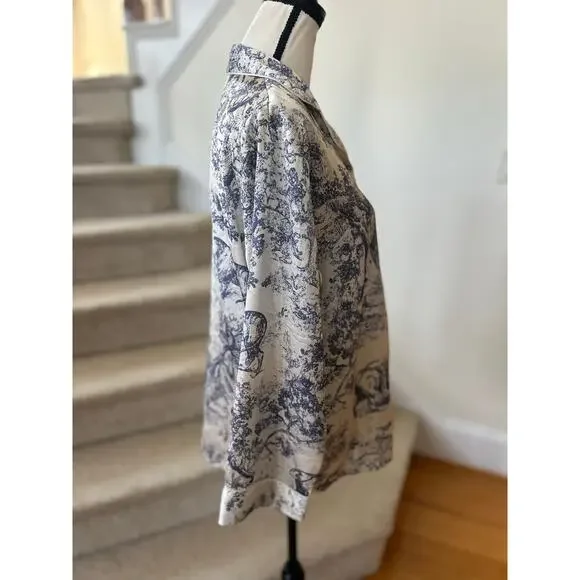 White & Blue Toile Jungle Print Satin Long Sleeve Pajama Pant Set